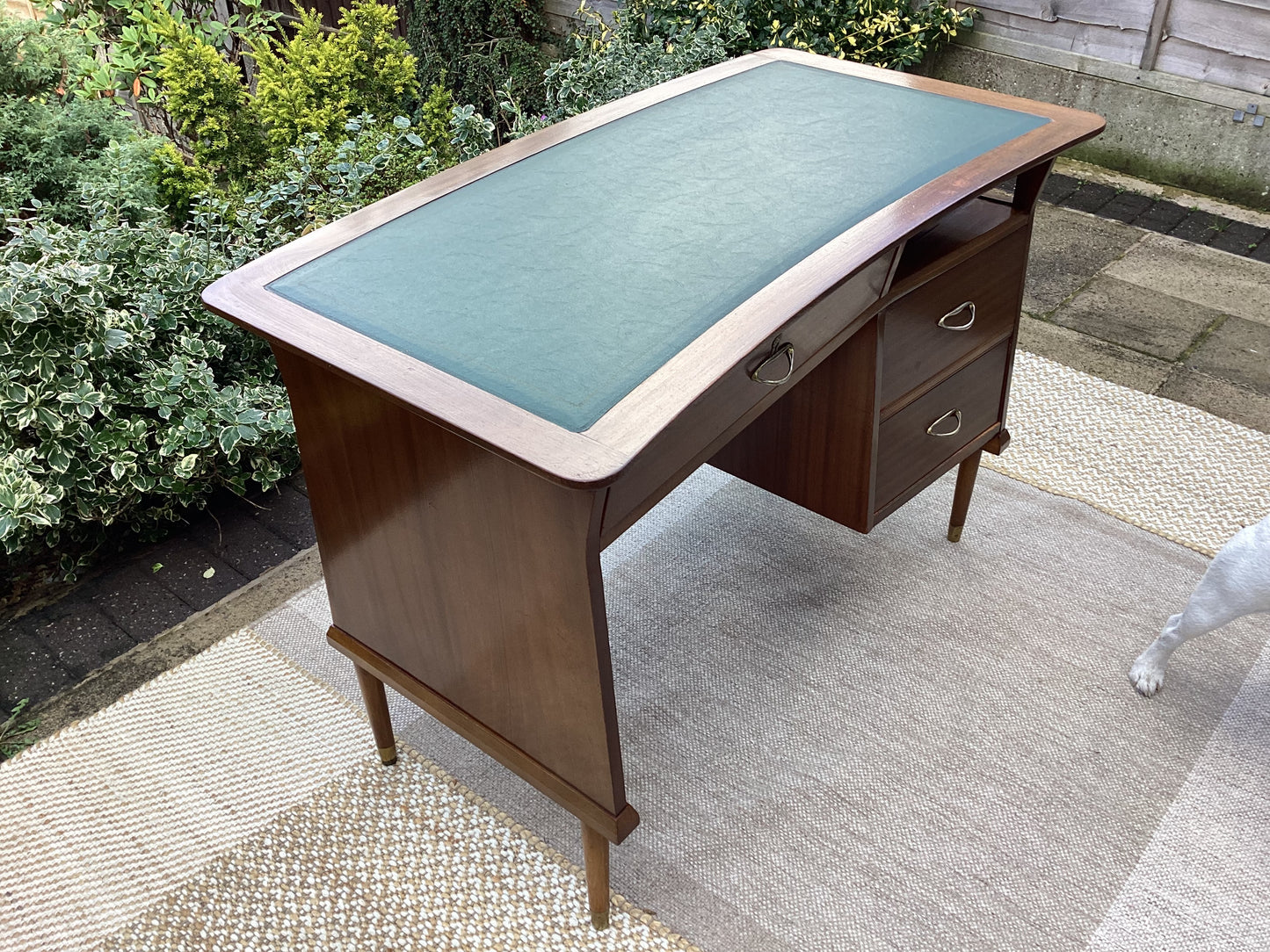 Mid Century Tola Wood Curved Desk With Green Vinyl Inlay Top Including Teak Chair