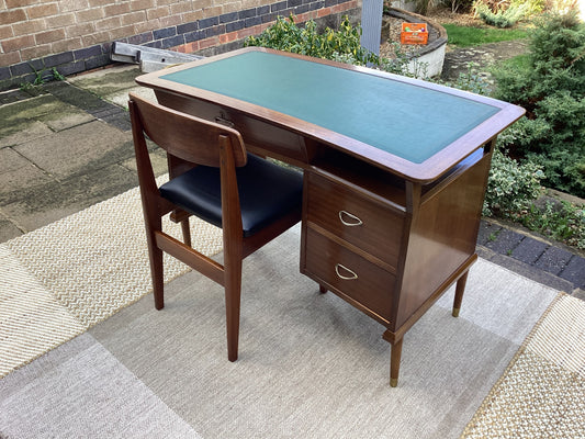 Mid Century Tola Wood Curved Desk With Green Vinyl Inlay Top Including Teak Chair