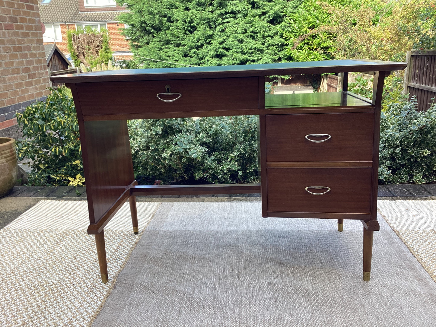 Mid Century Tola Wood Curved Desk With Green Vinyl Inlay Top Including Teak Chair