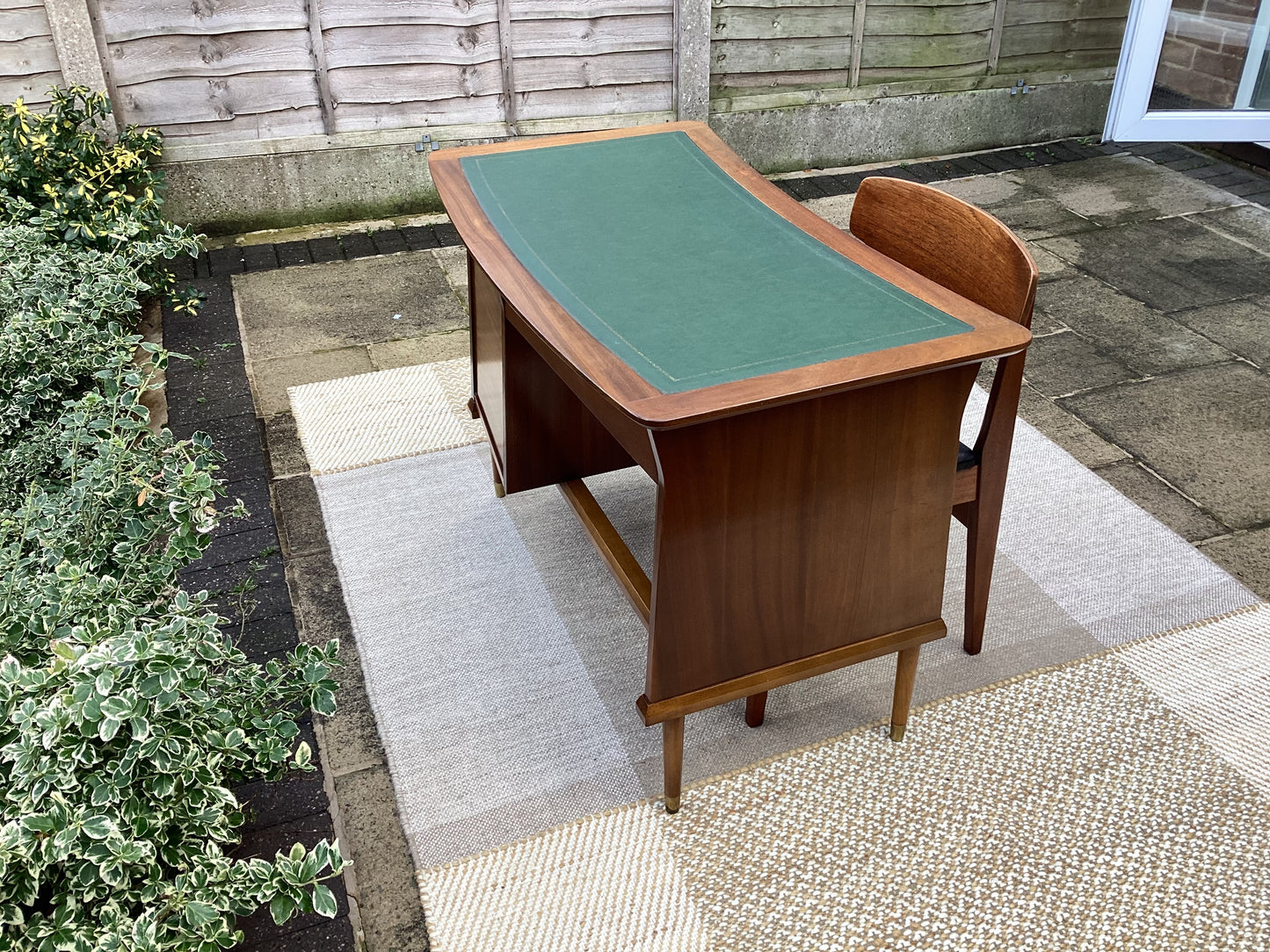 Mid Century Tola Wood Curved Desk With Green Vinyl Inlay Top Including Teak Chair