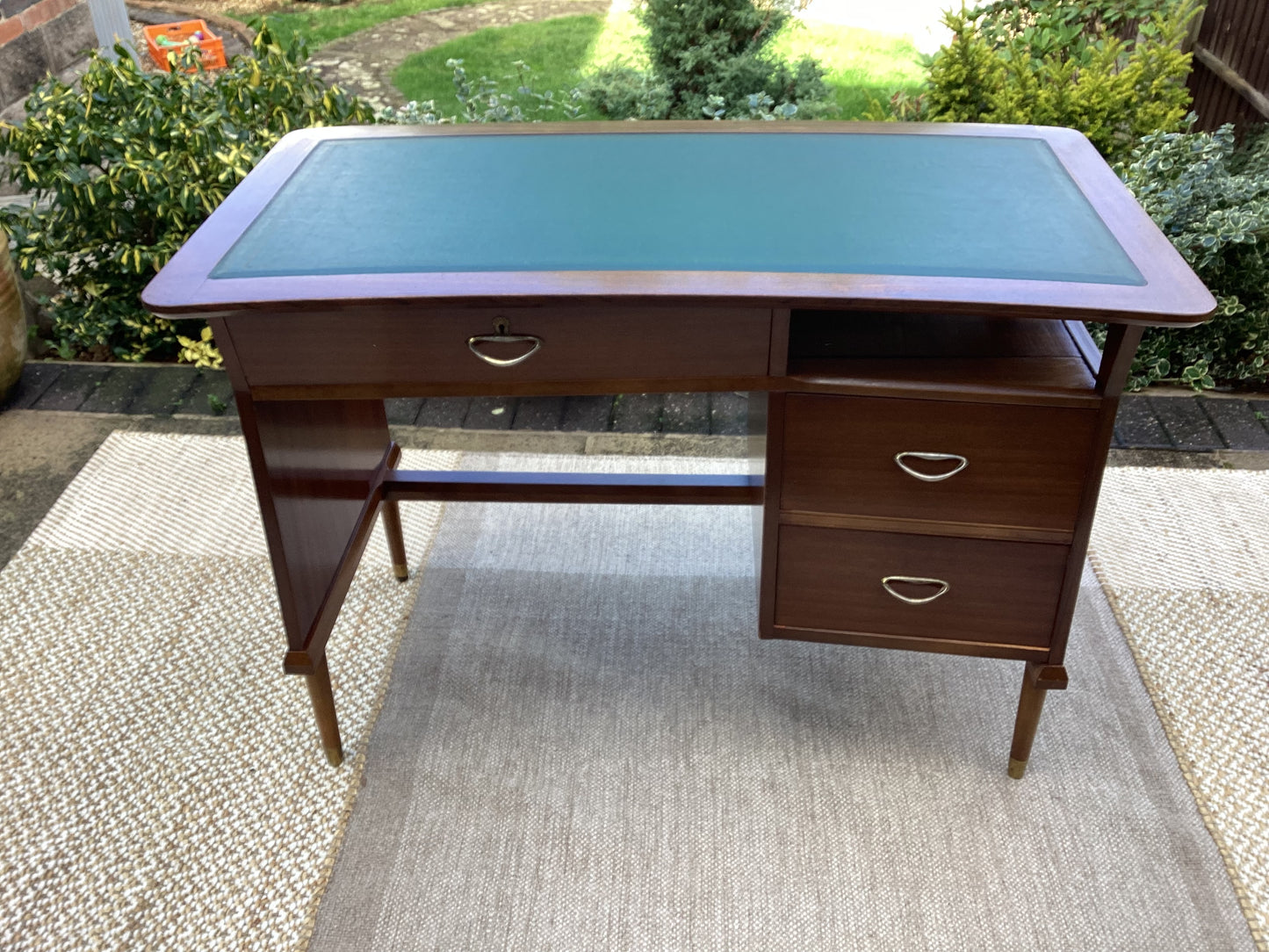 Mid Century Tola Wood Curved Desk With Green Vinyl Inlay Top Including Teak Chair